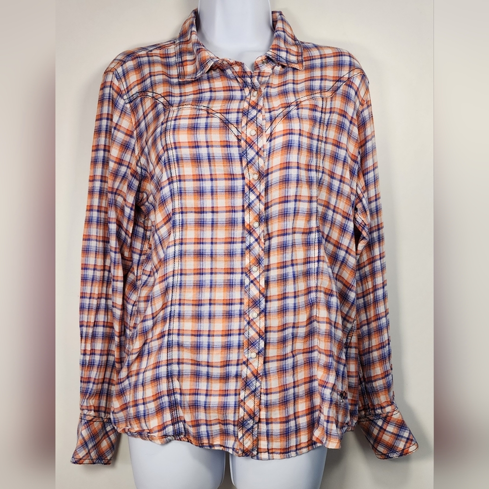 Ariat Women's Plaid Western Shirt L‎ Blue Orange Embroidered Snap